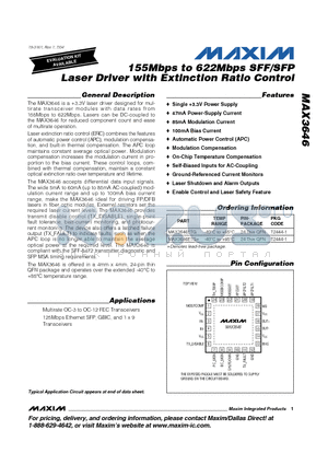 MAX3646ETG+ datasheet - 155Mbps to 622Mbps SFF/SFP Laser Driver with Extinction Ratio Control