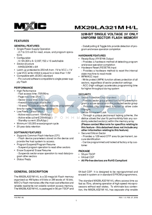 MX29LA321MLTI-90G datasheet - 32M-BIT SINGLE VOLTAGE 3V ONLY UNIFORM SECTOR FLASH MEMORY