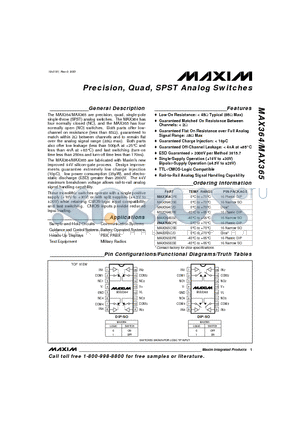 MAX364EPE datasheet - Precision, Quad, SPST Analog Switches