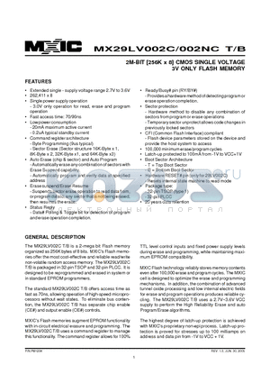 MX29LV002CBQI-70G datasheet - 2M-BIT [256K x 8] CMOS SINGLE VOLTAGE 3V ONLY FLASH MEMORY