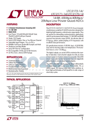 LTC2170CUKG-14TRPBF datasheet - 14-Bit, 65Msps/40Msps/25Msps Low Power Quad ADCs