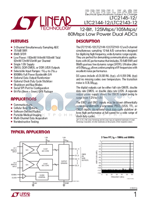 LTC2143-12 datasheet - 12-Bit, 125Msps/105Msps/ 80Msps Low Power Dual ADCs