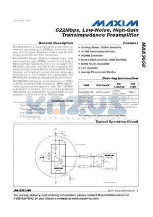 MAX3658AETA datasheet - 622Mbps, Low-Noise, High-Gain Transimpedance Preamplifier