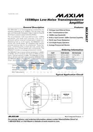 MAX3657BE datasheet - 155Mbps Low-Noise Transimpedance Amplifier