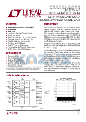 LTC2173IUKG-14 datasheet - 14-Bit, 125Msps/105Msps/80Msps Low Power Quad ADCs