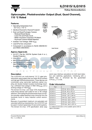 ILD1615-3 datasheet - Optocoupler, Phototransistor Output (Dual, Quad Channel), 110 C Rated