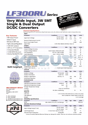 LF303RU datasheet - Very Wide Input, 3W SMT Single & Dual Output DC/DC Converters