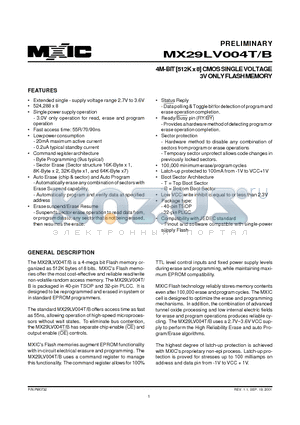 MX29LV004BQC-90 datasheet - 4M-BIT [512K x 8] CMOS SINGLE VOLTAGE 3V ONLY FLASH MEMORY