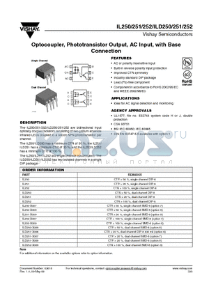 ILD250 datasheet - Optocoupler, Phototransistor Output, AC Input, with Base Connection