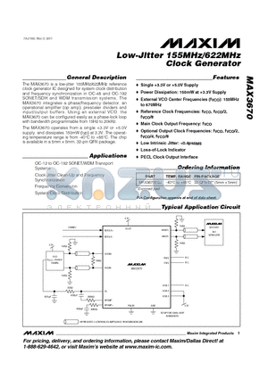 MAX3670 datasheet - Low-Jitter 155MHz/622MHz Clock Generator