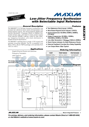 MAX3671 datasheet - Low-Jitter Frequency Synthesizer with Selectable Input Reference