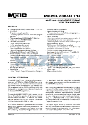 MX29LV004CB datasheet - 4M-BIT [512K x 8] CMOS SINGLE VOLTAGE 3V ONLY FLASH MEMORY