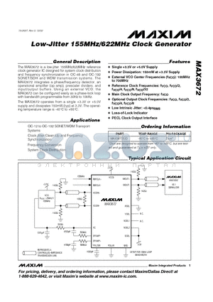 MAX3672 datasheet - Low-Jitter 155MHz/622MHz Clock Generator