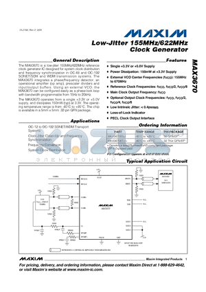 MAX3670EGJ datasheet - Low-Jitter 155MHz/622MHz Clock Generator