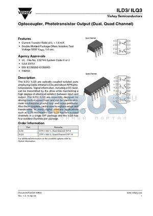 ILD3 datasheet - Optocoupler, Phototransistor Output (Dual, Quad Channel)