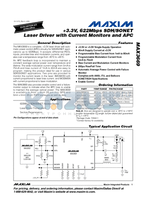 MAX3669EHJ+ datasheet - 3.3V, 622Mbps SDH/SONET Laser Driver with Current Monitors and APC