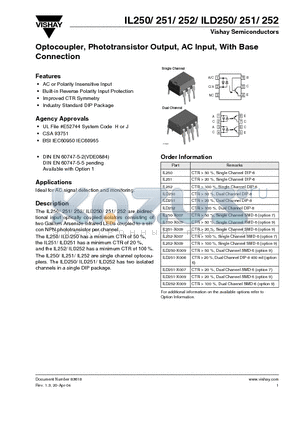 ILD252 datasheet - Optocoupler, Phototransistor Output, AC Input, With Base Connection