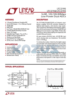 LTC2207 datasheet - 16-Bit, 125/105/80Msps Low Power Dual ADCs Serial SPI Port for Configuration