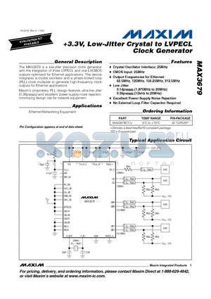 MAX3679CTJ+ datasheet - 3.3V, Low-Jitter Crystal to LVPECL Clock Generator