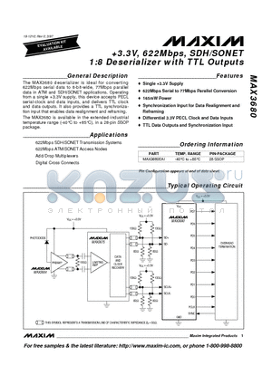 MAX3680EAI datasheet - 3.3V, 622Mbps, SDH/SONET 1:8 Deserializer with TTL Outputs