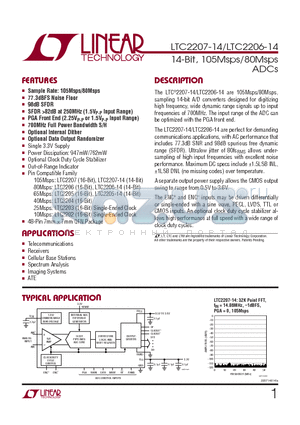 LTC2207-14 datasheet - 14-Bit, 105Msps/80Msps ADCs