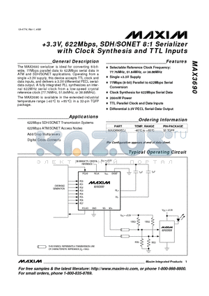 MAX3690ECJ datasheet - 3.3V, 622Mbps, SDH/SONET 8:1 Serializer with Clock Synthesis and TTL Inputs
