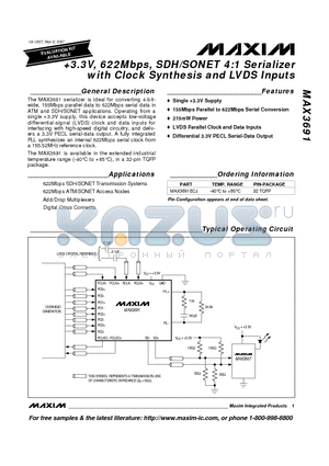 MAX3691 datasheet - 3.3V, 622Mbps, SDH/SONET 4:1 Serializer with Clock Synthesis and LVDS Inputs