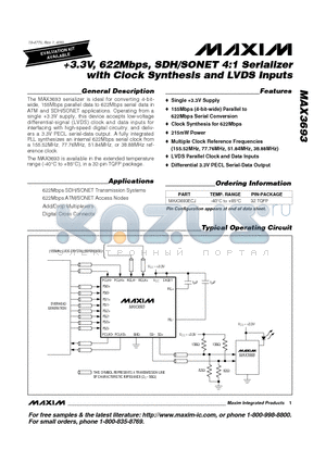 MAX3693ECJ datasheet - 3.3V, 622Mbps, SDH/SONET 4:1 Serializer with Clock Synthesis and LVDS Inputs