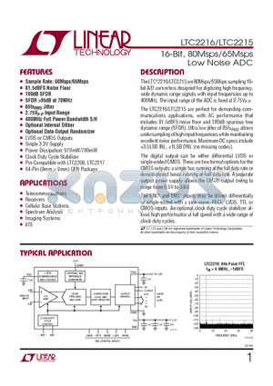 LTC2215CUP-PBF datasheet - 16-Bit, 80Msps/65Msps Low Noise ADC