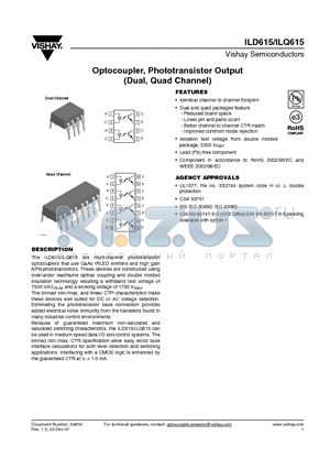 ILD615-1 datasheet - Optocoupler, Phototransistor Output (Dual, Quad Channel)