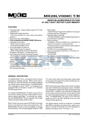 MX29LV008CBTC-90G datasheet - 8M-IT(1Mx8)COMS SINGLE VOLTAGE