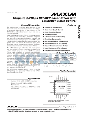 MAX3738ETG datasheet - 1Gbps to 2.7Gbps SFF/SFP Laser Driver with Extinction Ratio Control