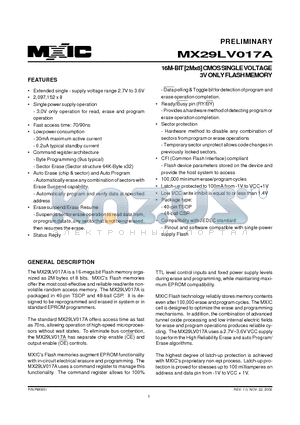 MX29LV017ATC-70 datasheet - 16M-BIT [2Mx8] CMOS SINGLE VOLTAGE