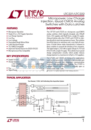 LTC222 datasheet - Micropower, Low Charge Injection, Quad CMOS Analog Switches with Data Latches