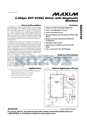 MAX3740 datasheet - 3.2Gbps SFP VCSEL Driver with Diagnostic Monitors