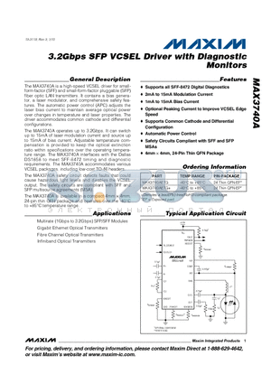 MAX3740A datasheet - 3.2Gbps SFP VCSEL Driver with Diagnostic Monitors