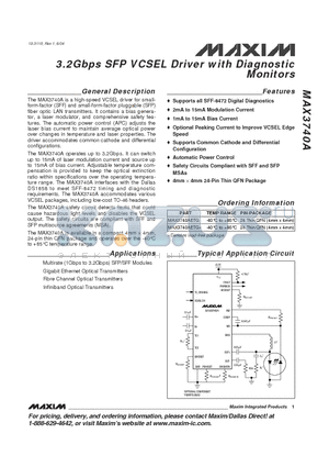 MAX3740AETG datasheet - 3.2Gbps SFP VCSEL Driver with Diagnostic Monitors