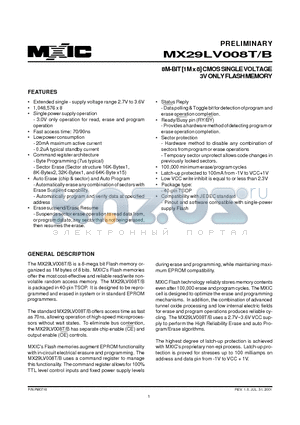 MX29LV008T datasheet - 8M-BIT [1M x 8] CMOS SINGLE VOLTAGE 3V ONLY FLASH MEMORY