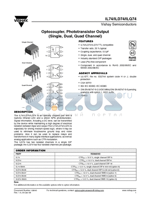 ILD74 datasheet - Optocoupler, Phototransistor Output(Single, Dual, Quad Channel)
