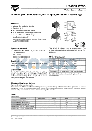ILD766-1 datasheet - Optocoupler, Photodarlington Output, AC Input, Internal RBE