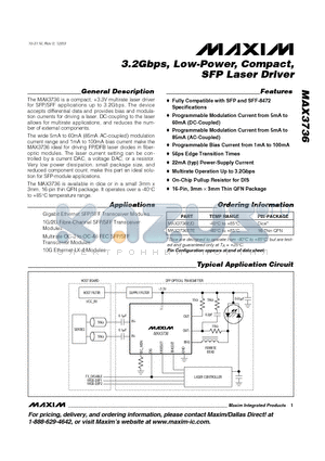 MAX3736ETE datasheet - 3.2Gbps, Low-Power, Compact, SFP Laser Driver