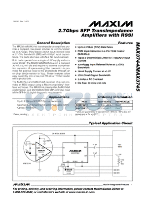 MAX3745 datasheet - 2.7Gbps SFP Transimpedance Amplifiers with RSSI