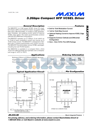 MAX3741ETE datasheet - 3.2Gbps Compact SFP VCSEL Driver