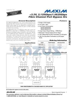 MAX3750 datasheet - 3.3V, 2.125Gbps/1.0625Gbps Fibre Channel Port Bypass ICs