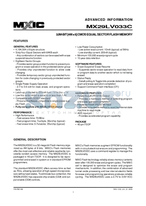 MX29LV033CTI-70G datasheet - 32M-BIT COMSEQUAL SECTOR FLASH MEMORY