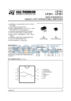 LF351 datasheet - WIDE BANDWIDTH SINGLE J-FET OPERATIONAL AMPLIFIER