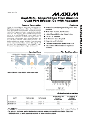MAX3754CCM datasheet - Dual-Rate, 1Gbps/2Gbps Fibre Channel Quad-Port Bypass ICs with Repeater