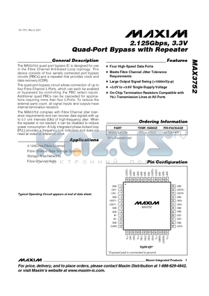 MAX3752 datasheet - 2.125Gbps, 3.3V Quad-Port Bypass with Repeater