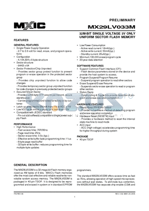 MX29LV033MTC-90 datasheet - 32M-BIT SINGLE VOLTAGE 3V ONLY UNIFORM SECTOR FLASH MEMORY