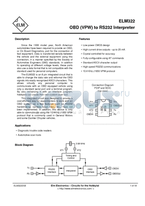 ELM322 datasheet - OBD (VPW) to RS232 Interpreter